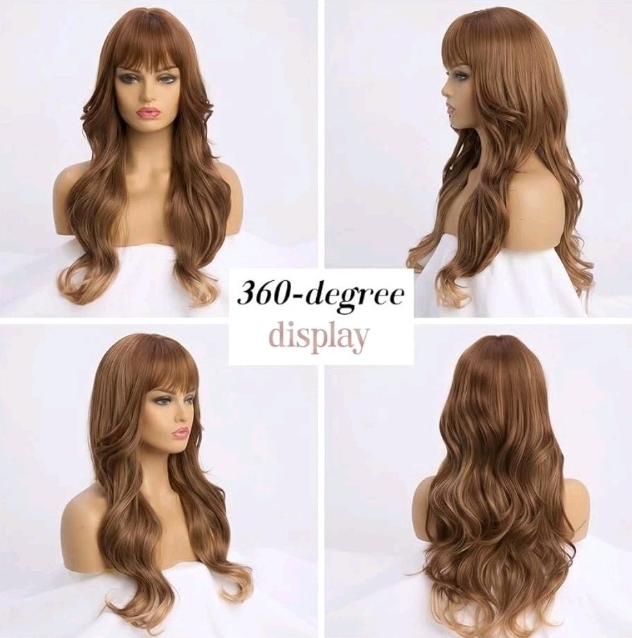 Wig – Human Hair Blend – Long Straight Body Wave Brown Bangs Heat Resistant