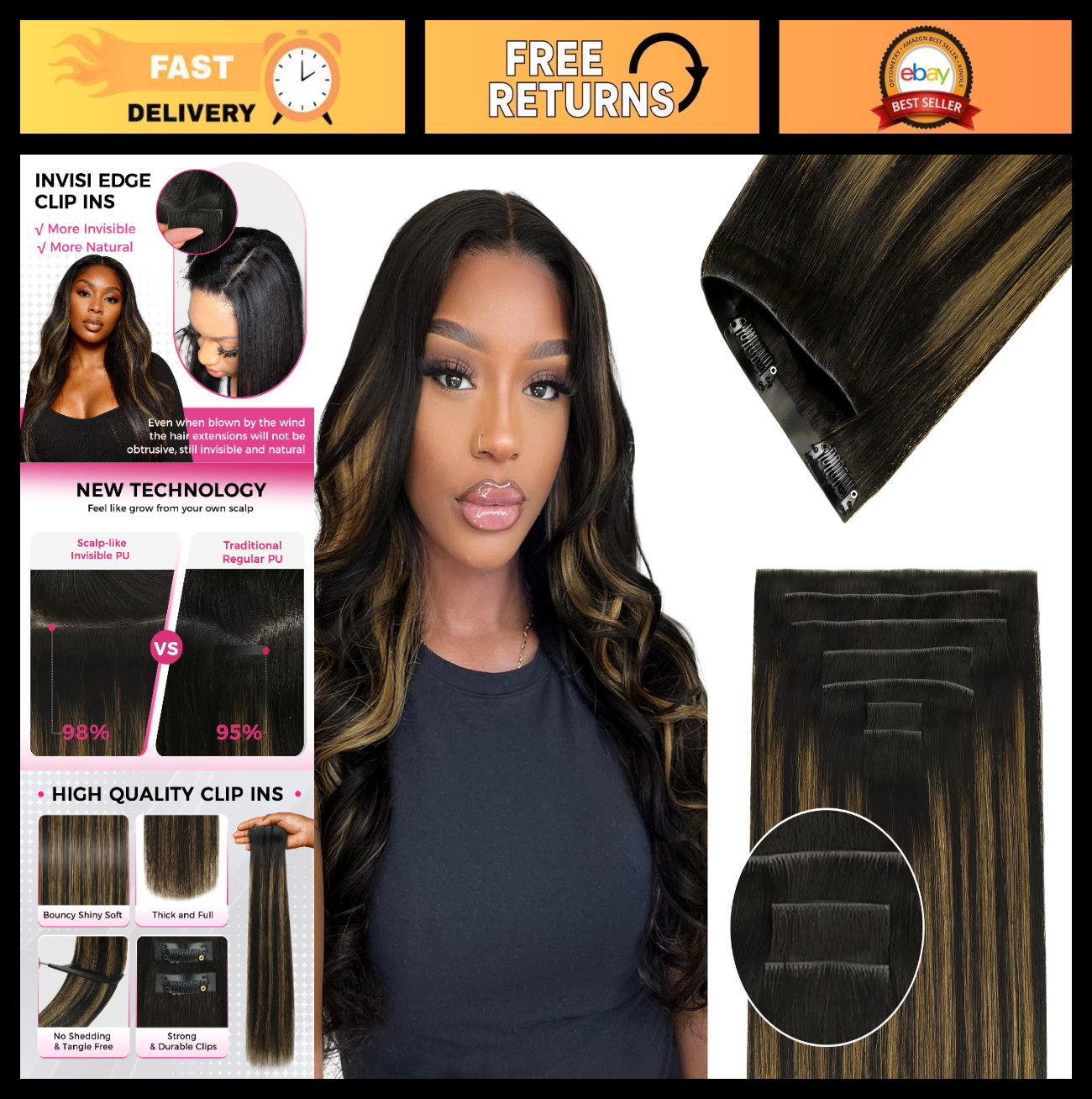 18″ 110g Clip-in Hair Extensions, Seamless PU, Virgin Human Hair, Natural Black