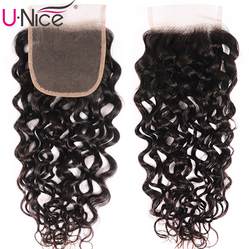 UNice Indian Water Wave Human Hair Extensions 3 Bundles With Lace Closure Weave