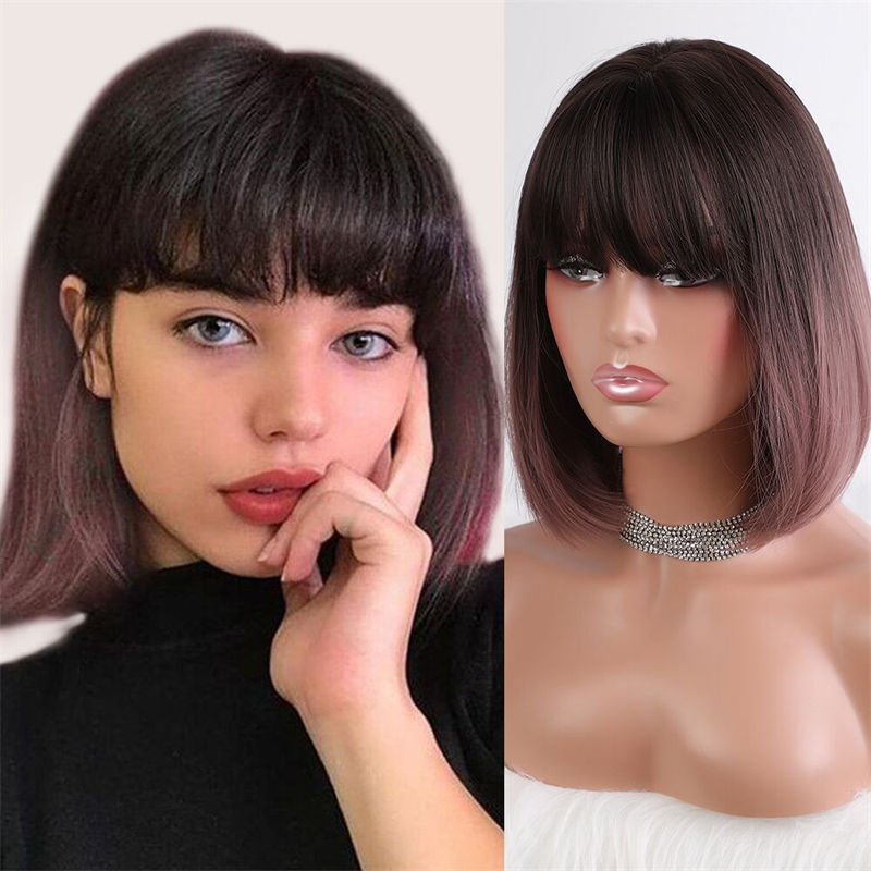 Pink Bobo Short Hair Full Head Cover Gradient Fashion Straight Bangs Wig