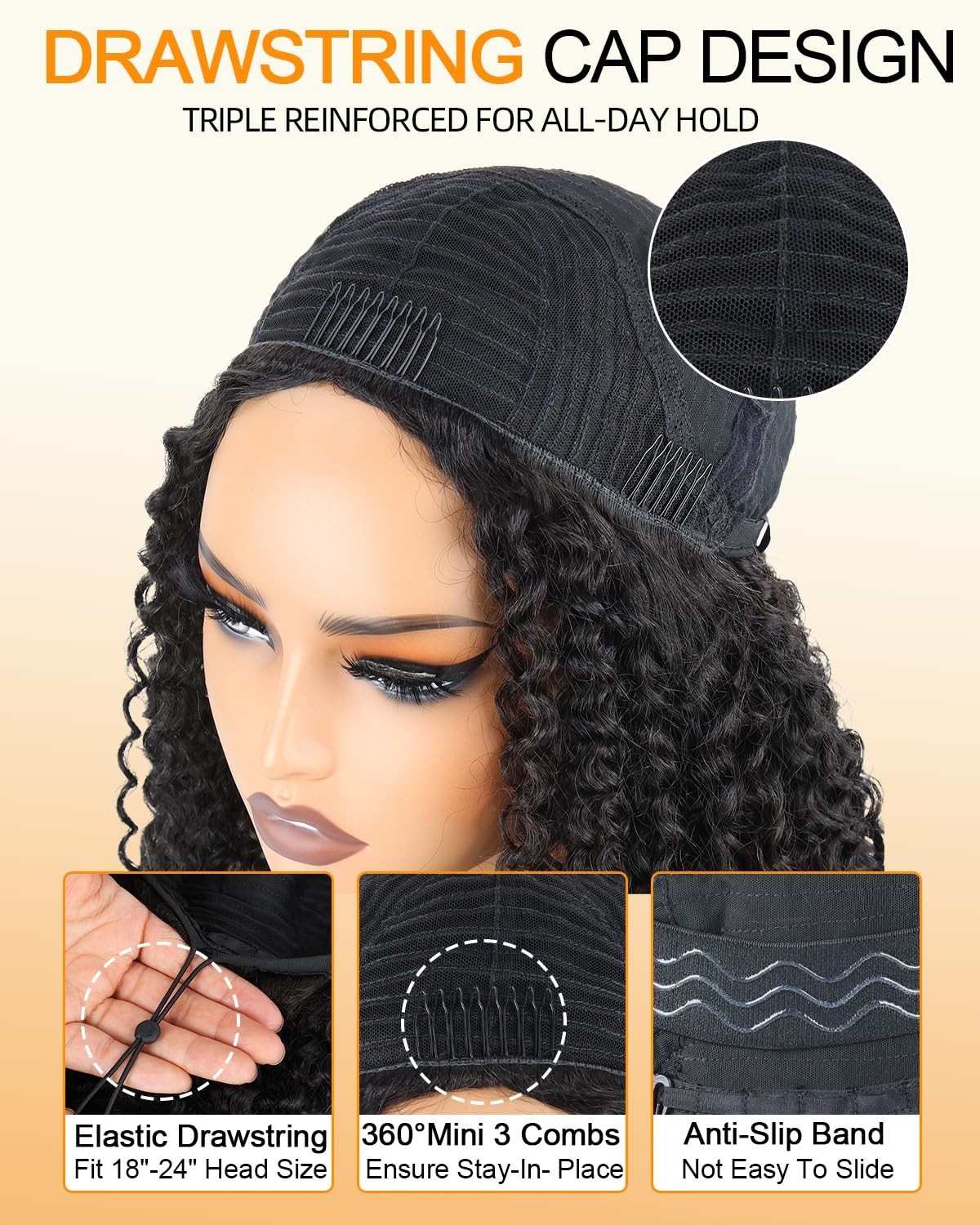 16 Inch 200% Density Curly Half Wig – Afro Kinky Drawstring, No Glue, Beginner F