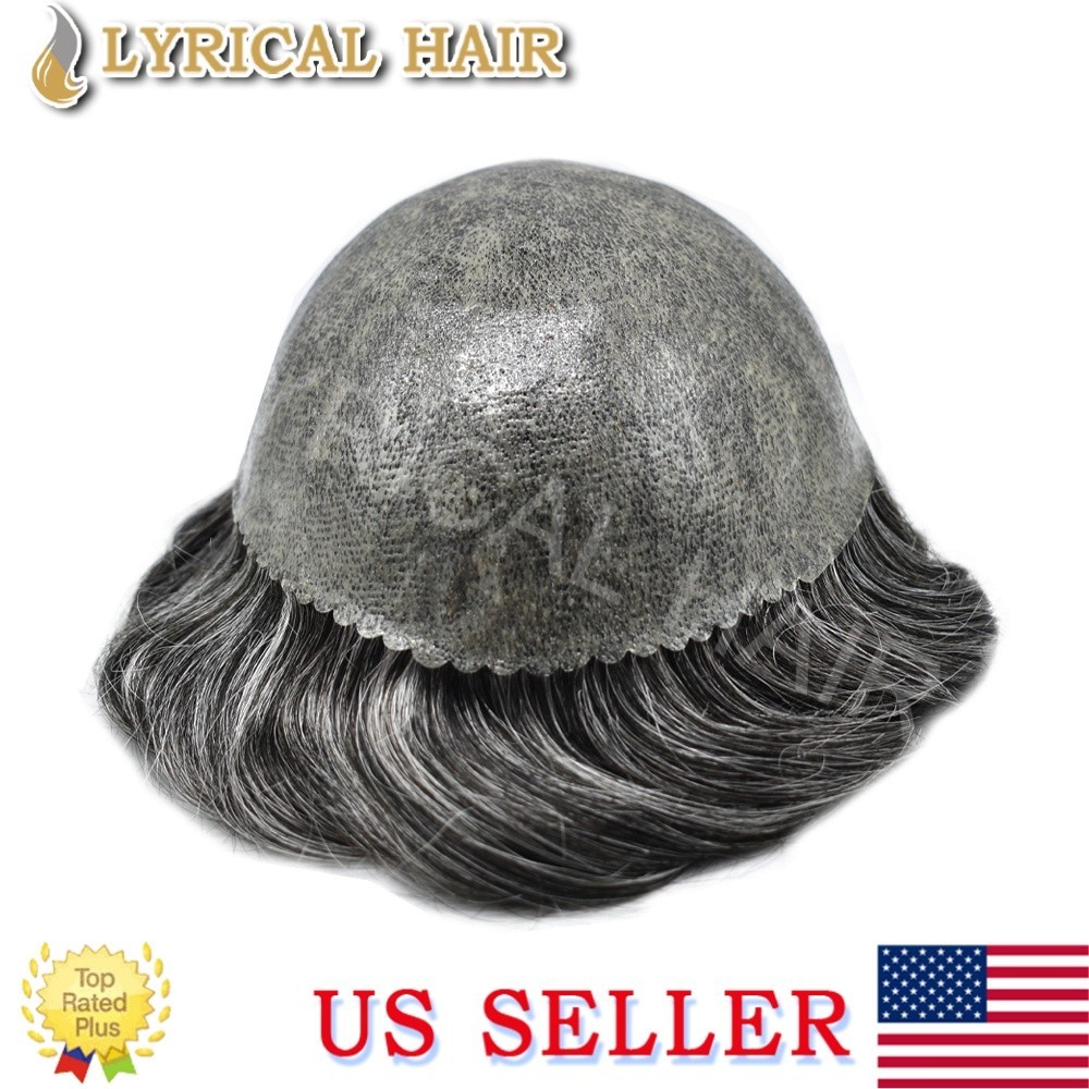 US Mens Toupee All Poly PU Skin Human Hair Replacement System Durable Hairpiece