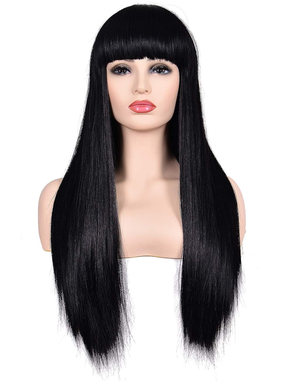 Women’s 26″ Long Straight Black Synthetic Resistant Hair Wigs with Bangs Natu…