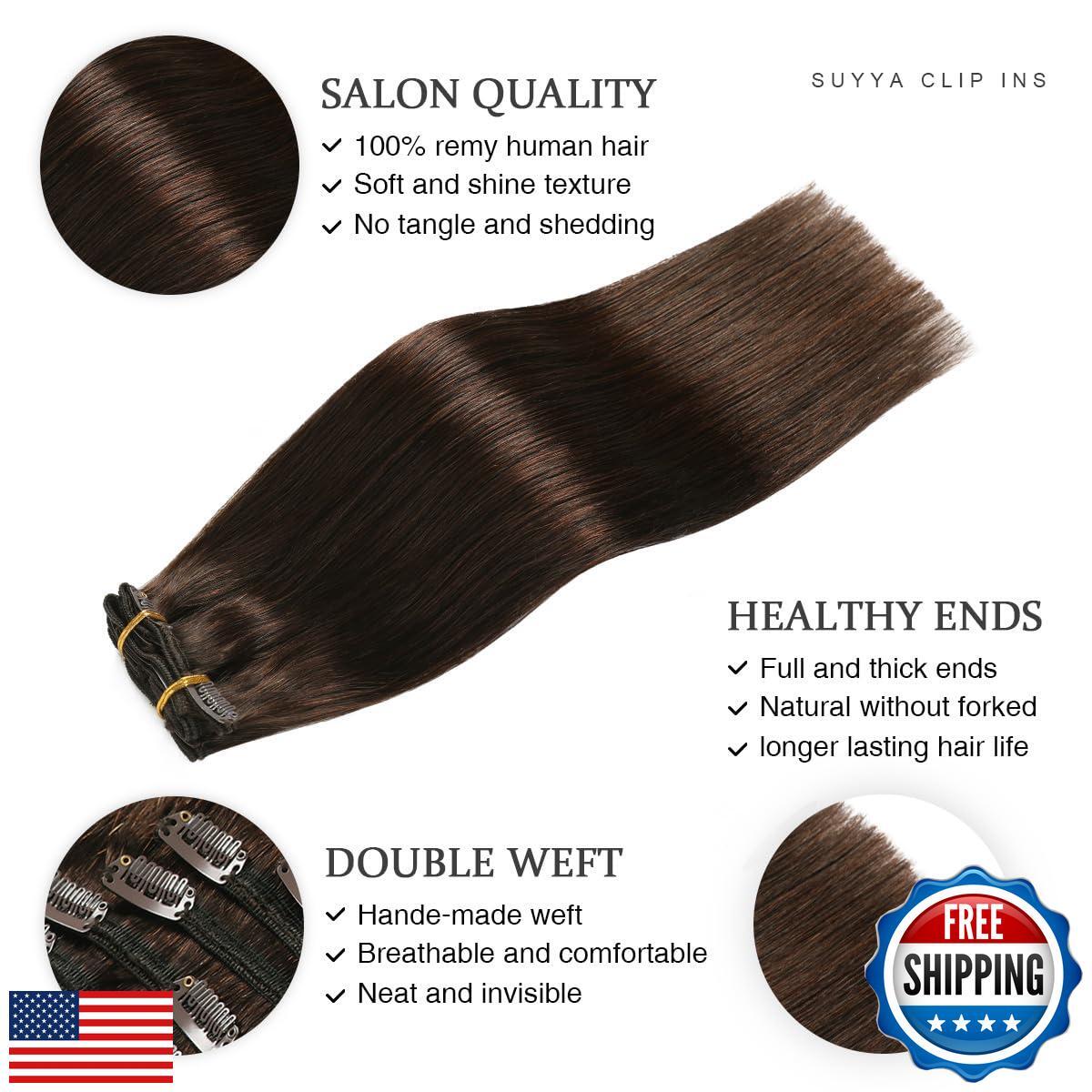 SUYYA Real Human Hair Clip in Extensions – 7 Pcs Straight Remy Hair Clip ins
