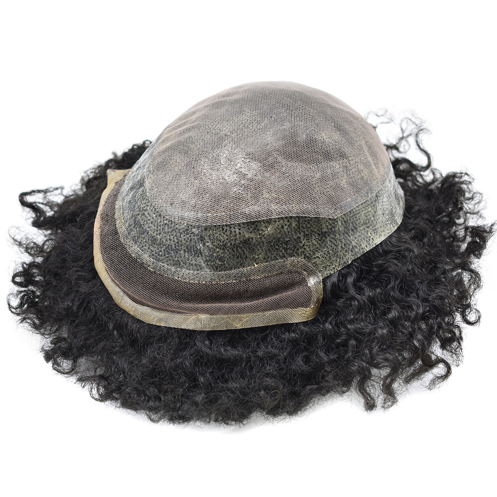 Lace Front Afro Curl Mens Toupee Poly Skin African American Human Hair Piece Wig