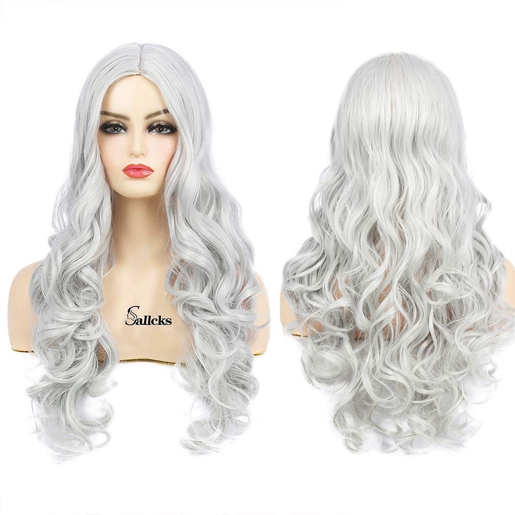 Women’s Long Curly Wavy Silver Gray Wigs Cosplay Costume Halloween Wigs Synth…