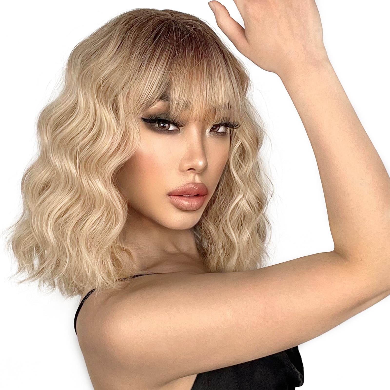 Blonde Wig with Bangs Synthetic Short Blonde Wigs for Women Dirty Blonde Wavy…