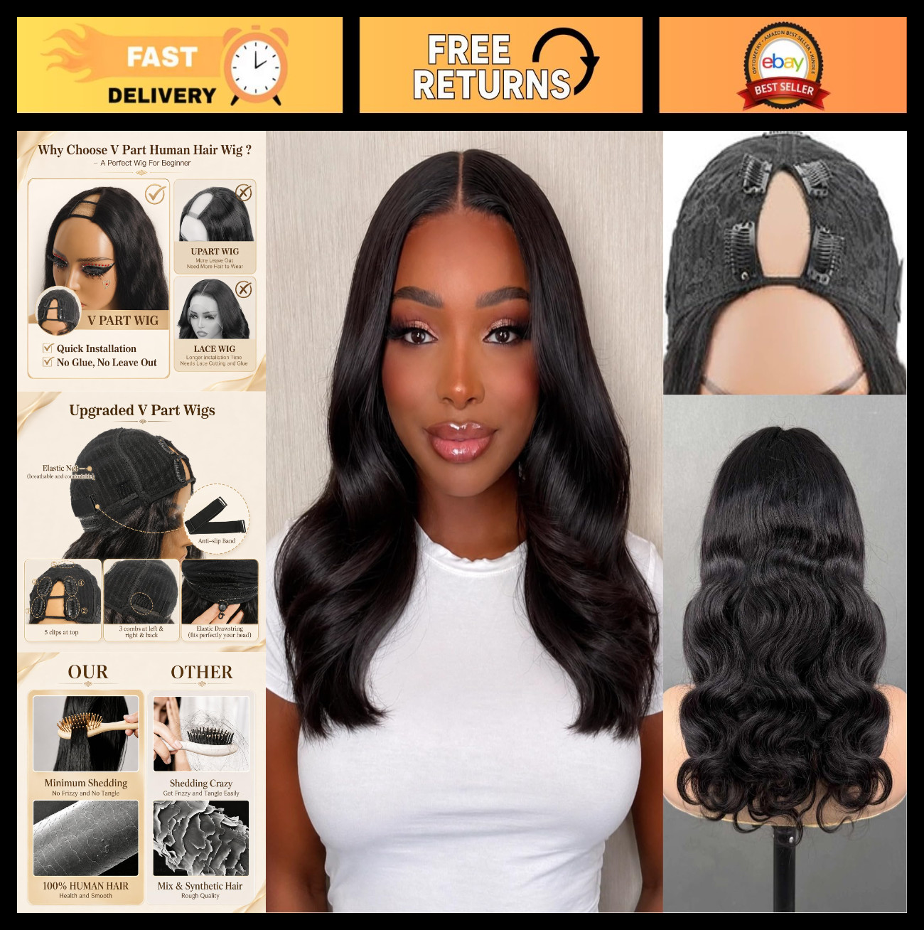 18 Inch Body Wave V Part Wig – 220% Density, Glueless Clip-In Half Wig for Women