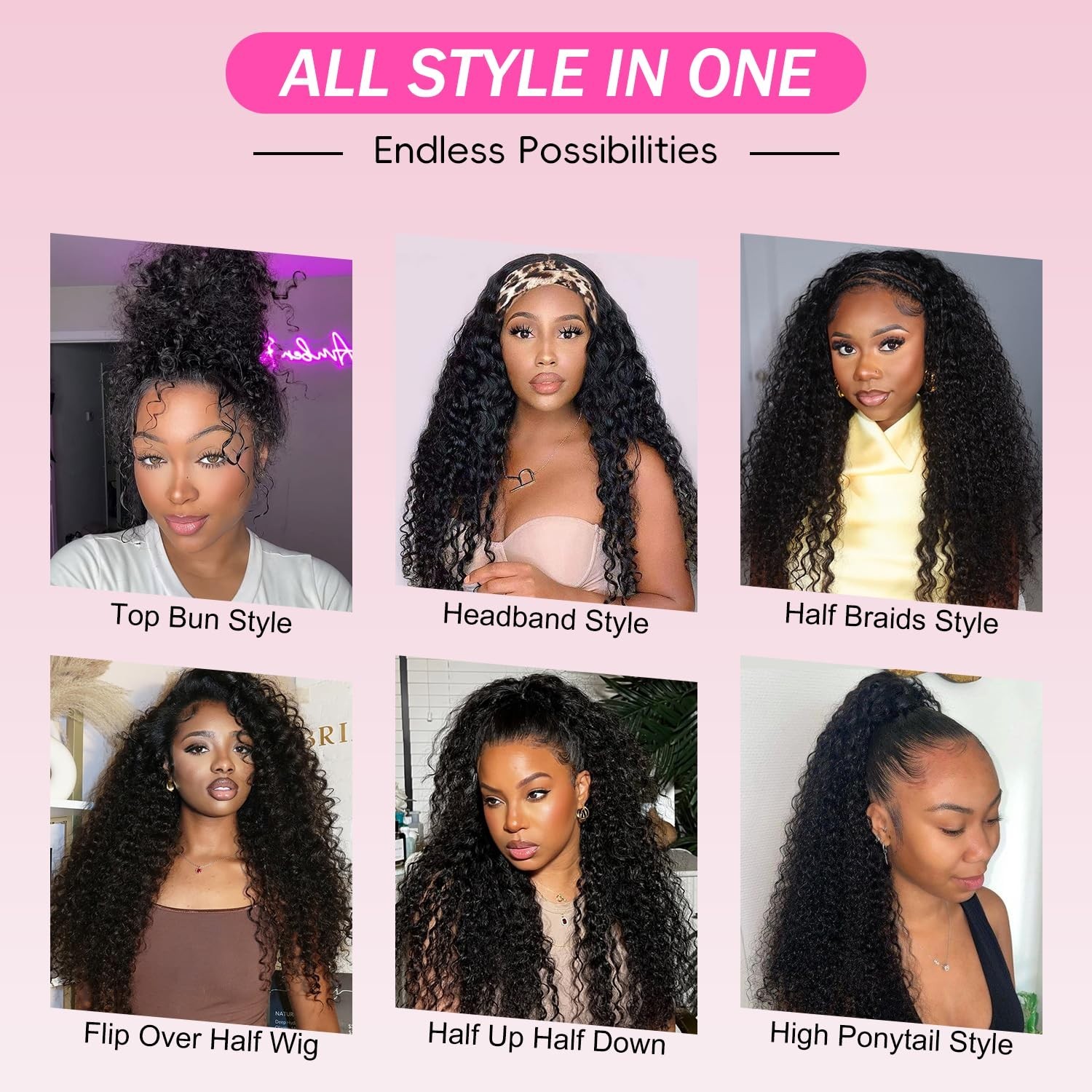 Water Wave Half Wig 18″ Human Hair, Beginner Friendly, Glueless Flip Over, Clip-