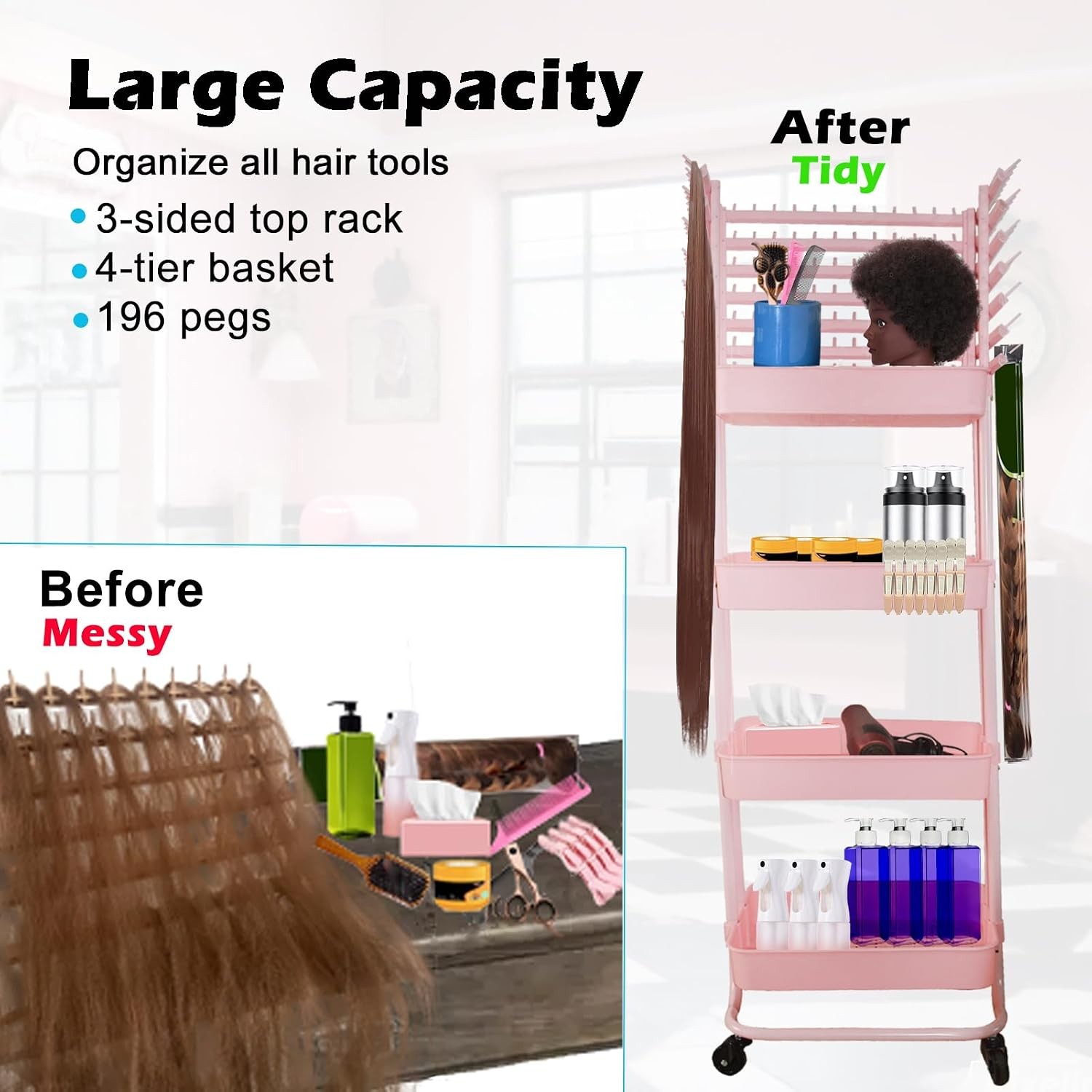 4 Tier Braiding Rack Stand Pink 196 Pegs Hair Salon Storage