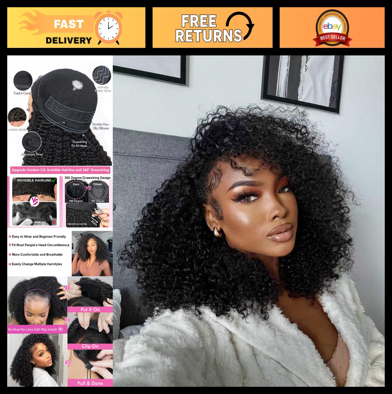 22″ Kinky Curly Half Wig – Glueless Human Hair, 3-in-1 Drawstring Headband Wig f