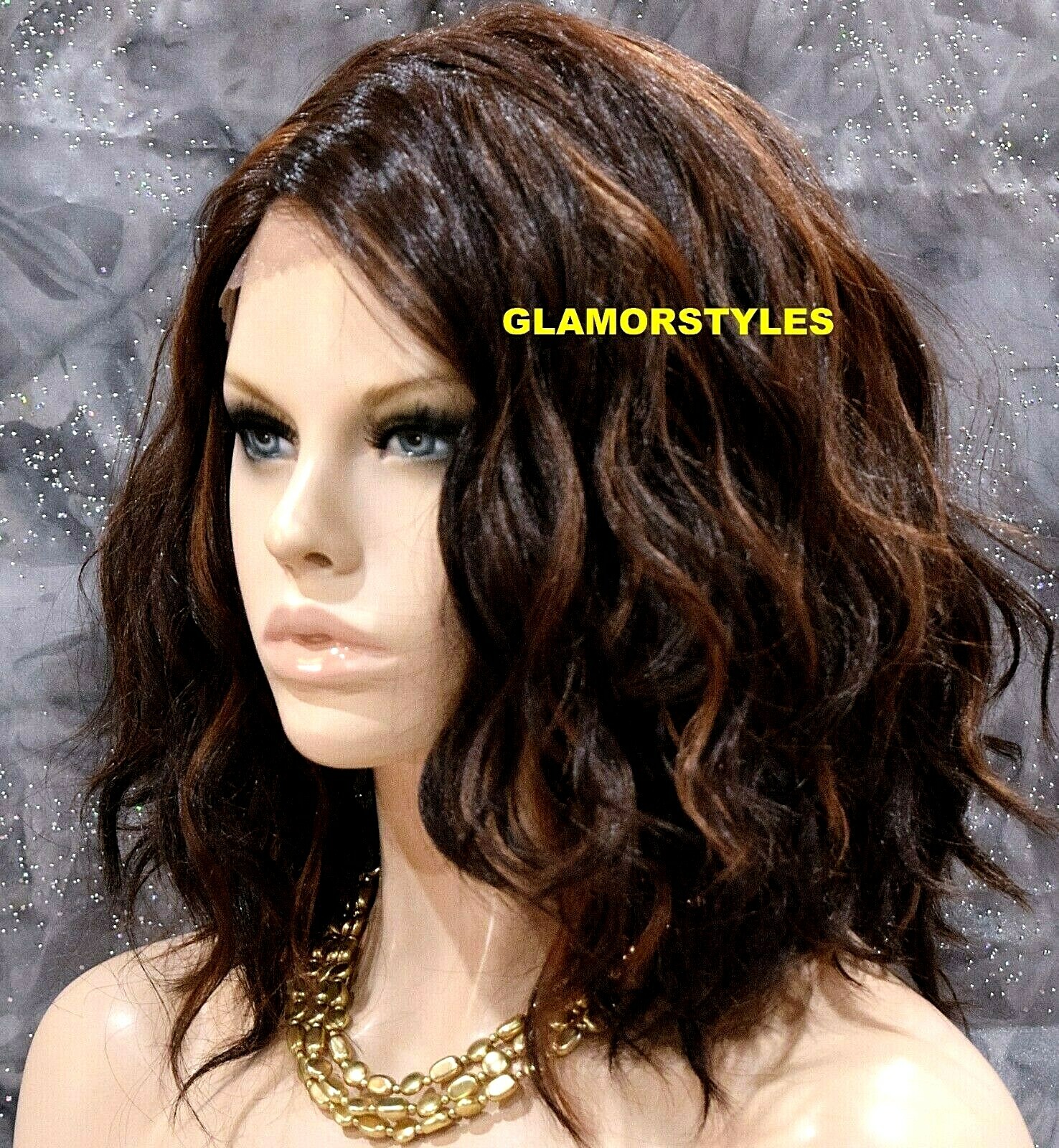 LACE FRONT FULL WIG BOB WAVY LAYERED SIDE PART BROWN AUBURN MIX HEAT OK NWT