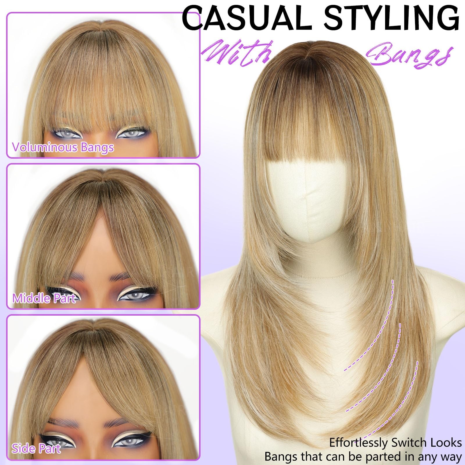 Aisi Hair Beginner Friendly Wigs Mixed Blonde Wig Bangs For Women Middle Length