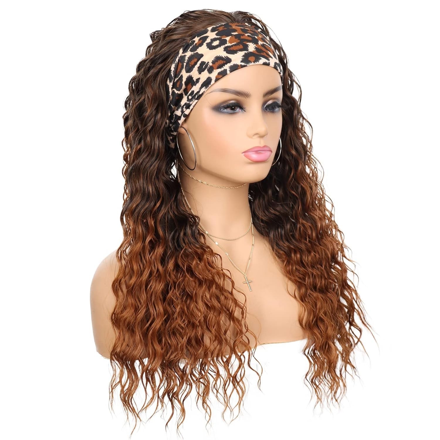 Comfortable Curly Headband Wig, 24 Inch Synthetic Hair with Earrings Included
