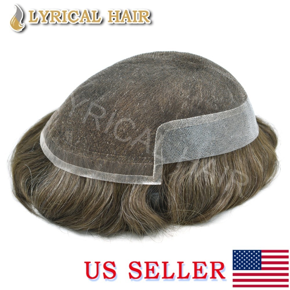 Bleached French Lace Front Mens Toupee All Colors PU Lace Human Hair Replacement