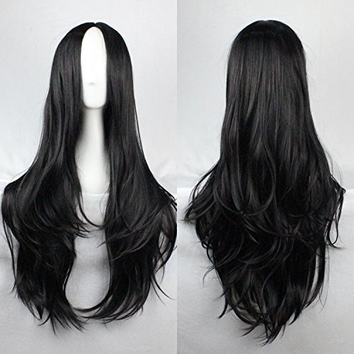 Black Wig Long Curly 30Inch/75cm Middle Part High Temperature Fiber for Women…