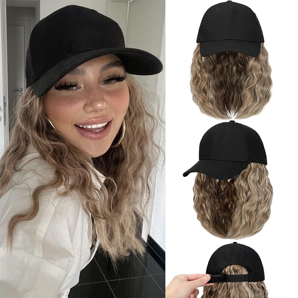 Baseball Hat Cap with Fake Hair Soft Long Wavy Hair Wigs Caps for Women 6″-18″