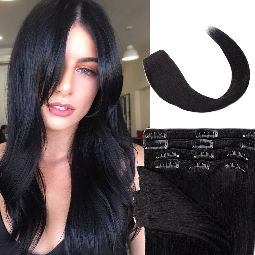 Clip in Remy Human Hair Extensions 8 PCS Full Head #Silver Gray Virgin Full Head