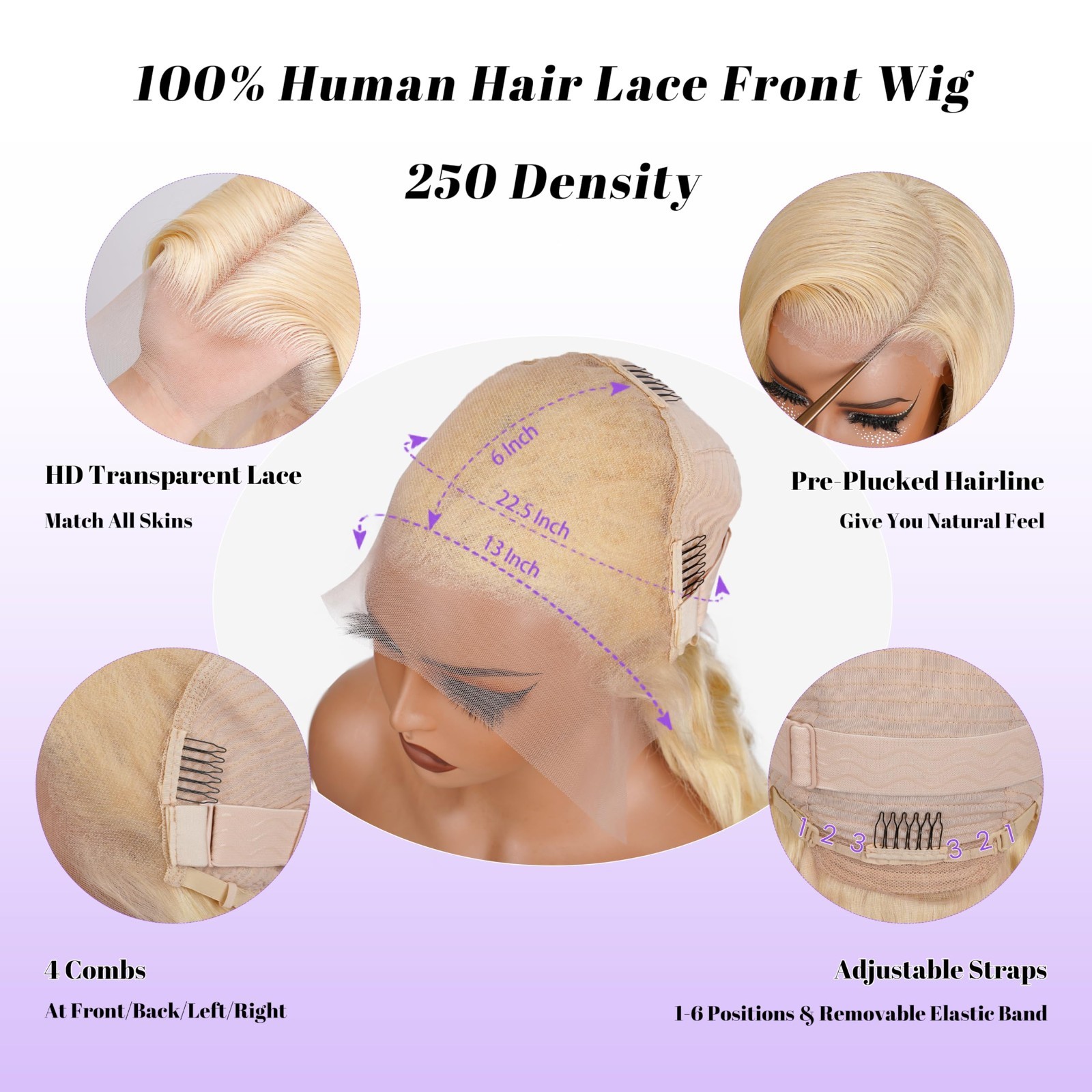 13×6 Lace Front Human Hair Wig 24″ Body Wave Blonde, 250 Density, Pre-Plucked, T