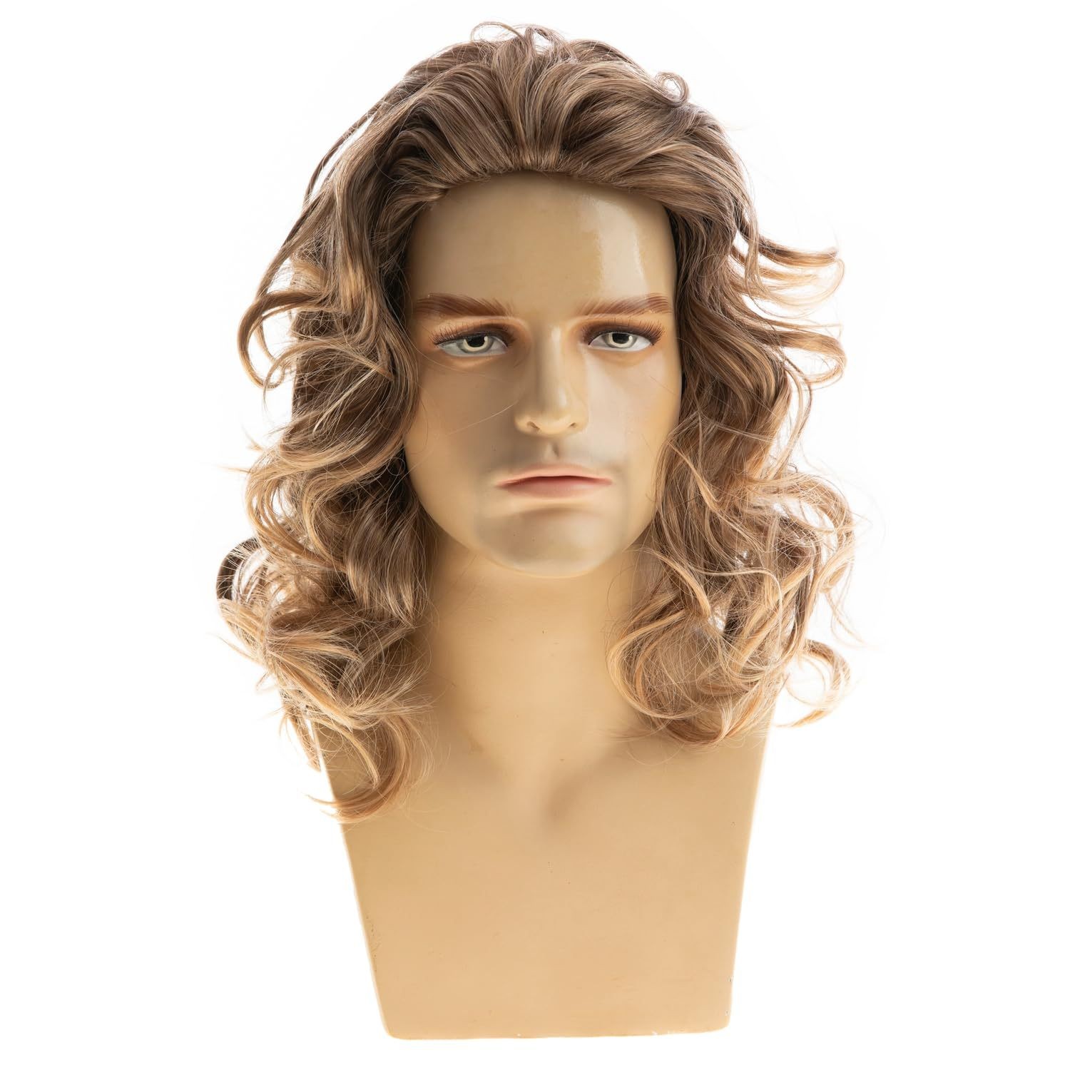 Brown Middle Part Long Curly Wig for Men Rose Net High Temperature Fiber Wig