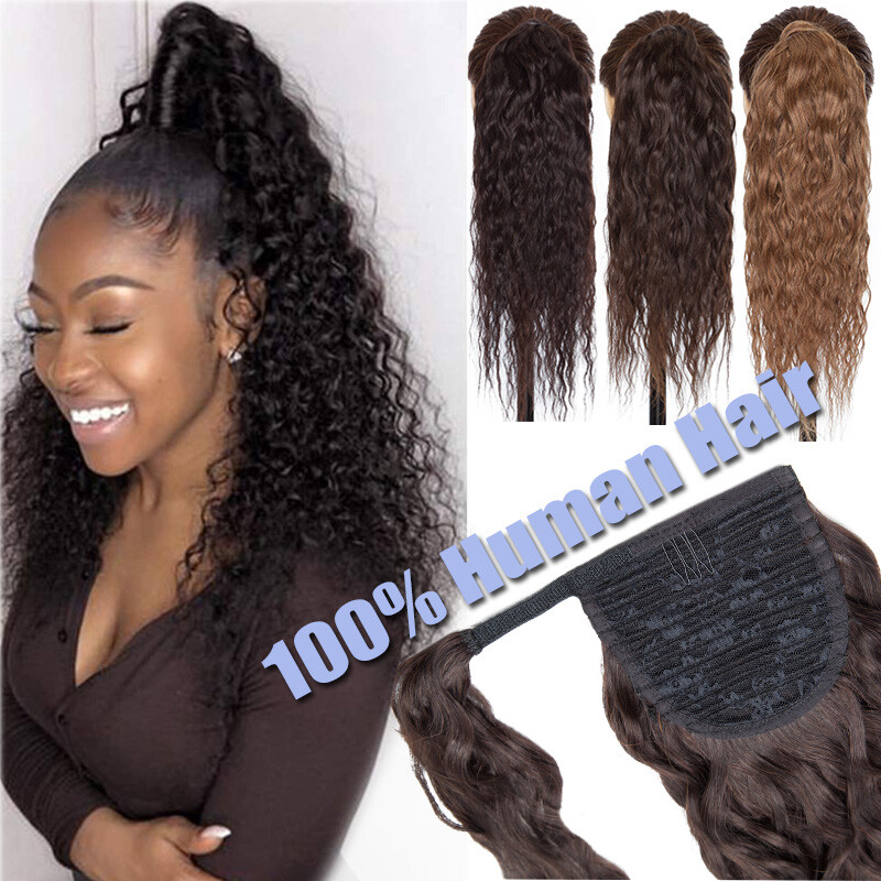 Remy Human Hair Extension Clip In Warp Ponytail Corn Wave Magic Tape Paste Black