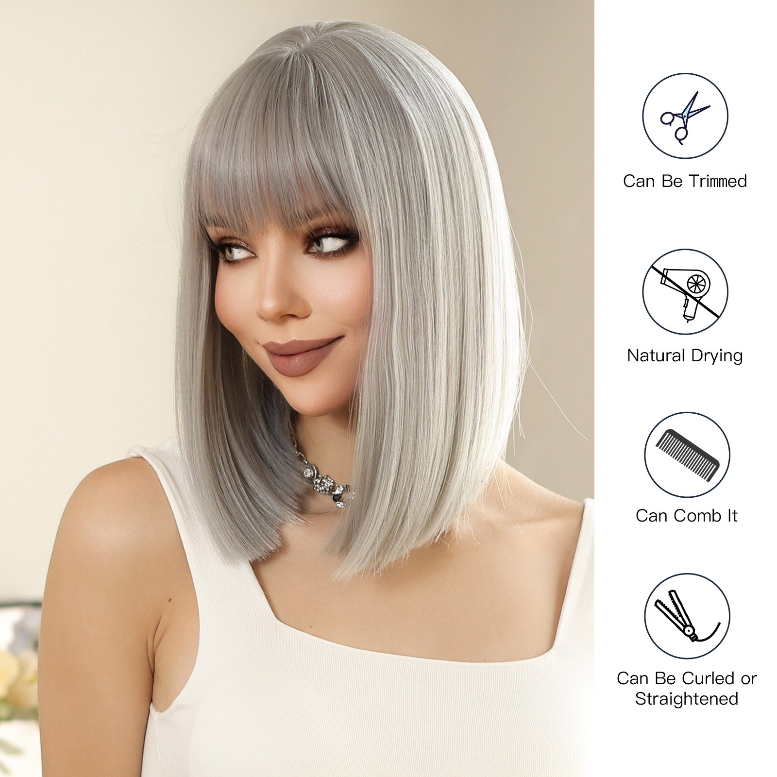 Grey Soft Synthetic Hair Heat Resistant Straight Costume Wigs With Bangs