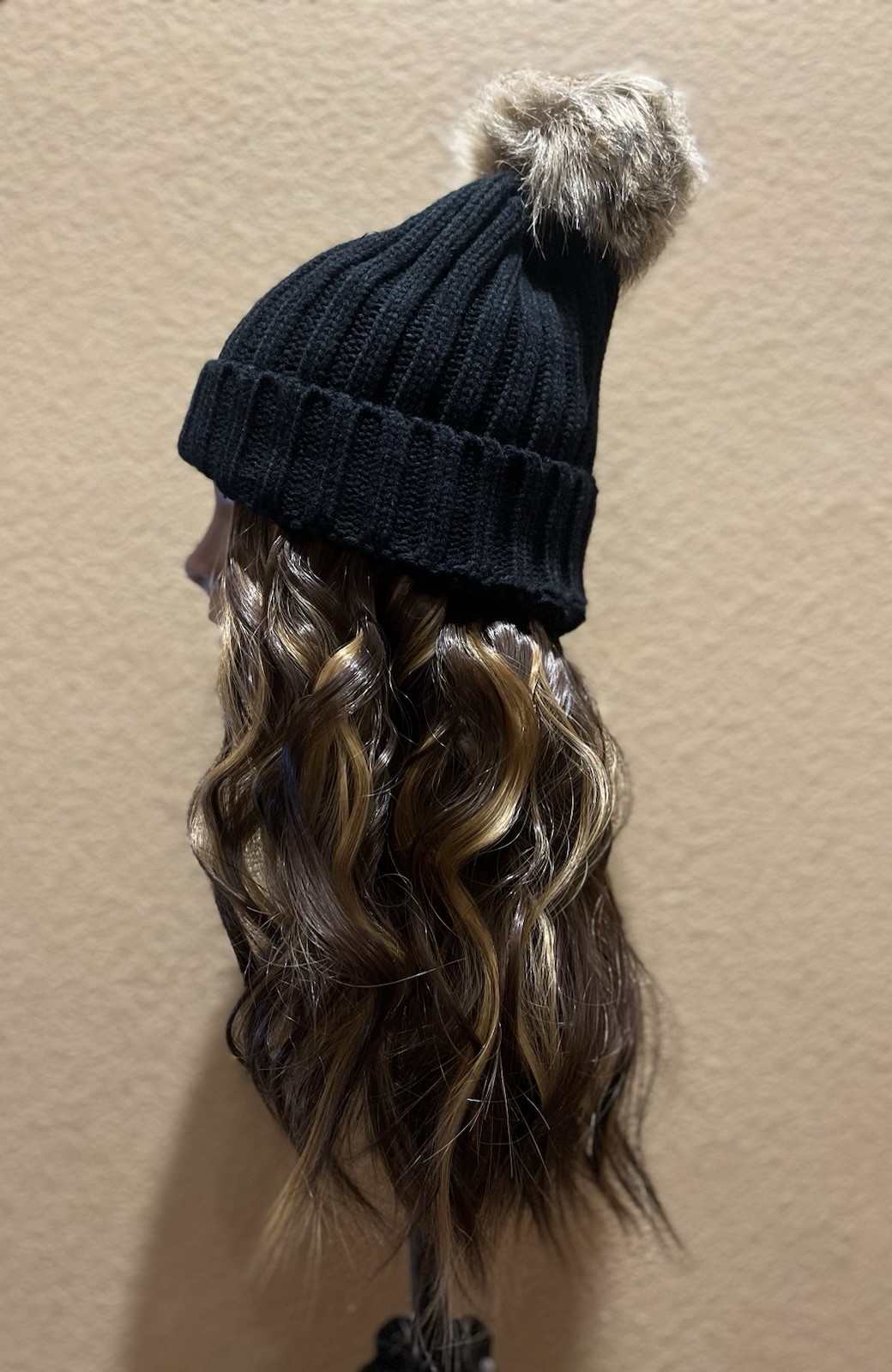 Dark Brown Highlighted Wavy Synthetic Beanie Wig | Detachable Faux Fur Pom Pom
