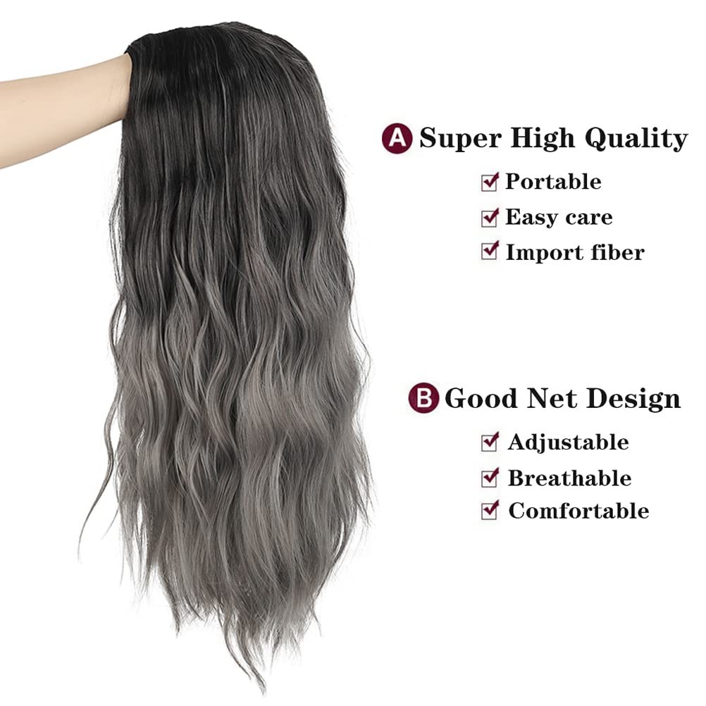 Womens Ombre Grey Wig Long Curly Wavy Black Grey Middle Part Synthetic Hallow…
