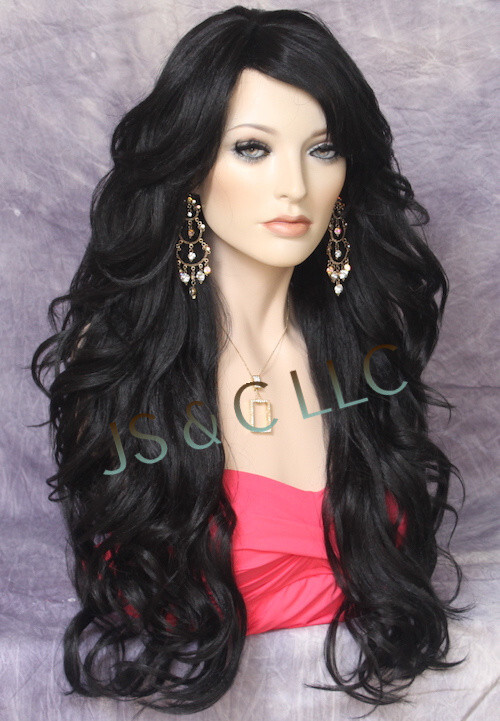 Long Off Black Human hair Blend Full Wig Goregeous wavy Heat OK WBVA 1B