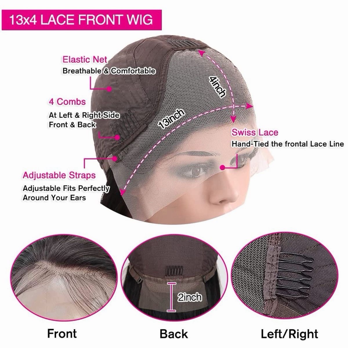 Black 18” loose wave Human Hair 13×4 Lace Front Wig Free-Part w/ Combs & Straps