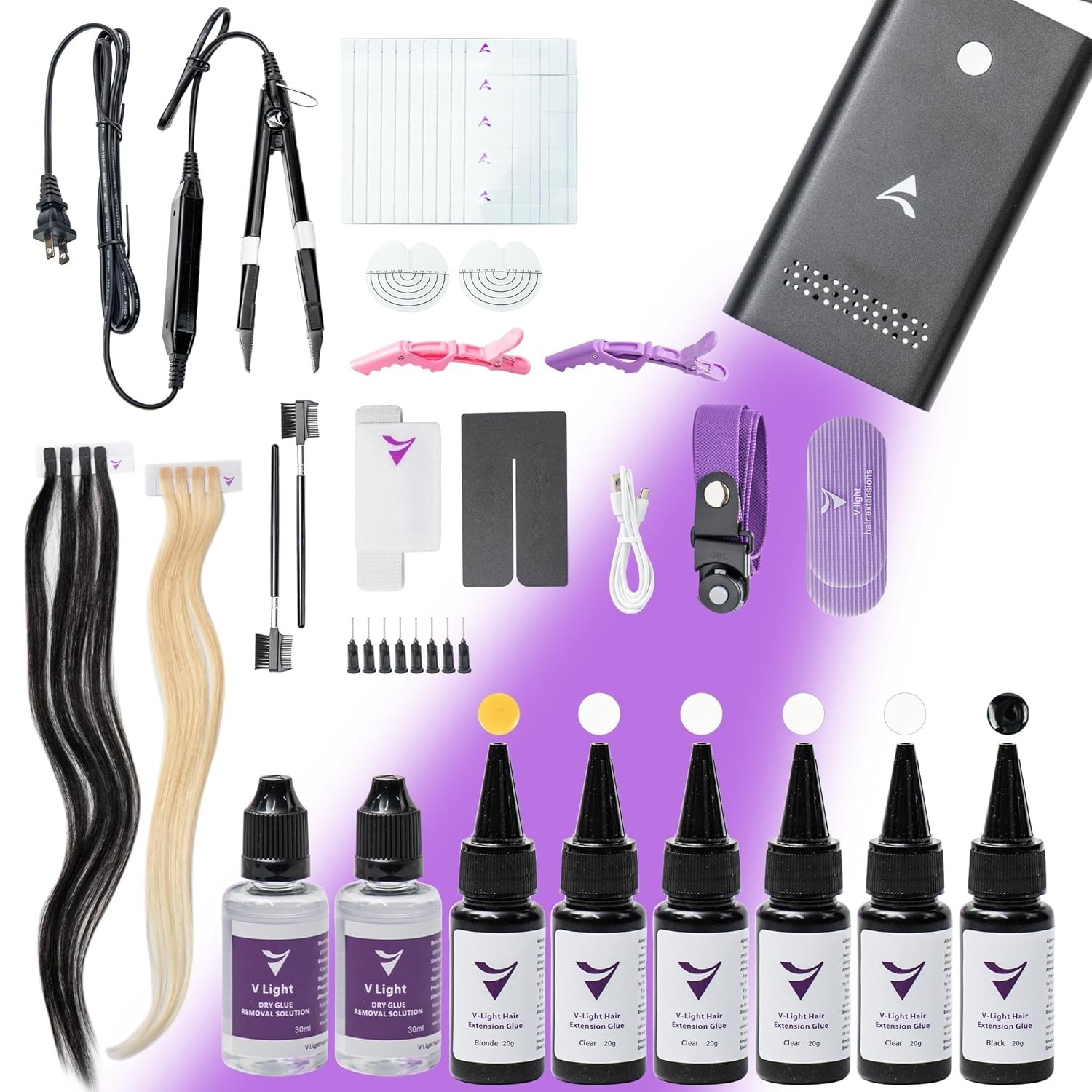 V-Light Hair Extensions Kit with UV Lamp, Fast-Curing Glue, Remover & Accessorie