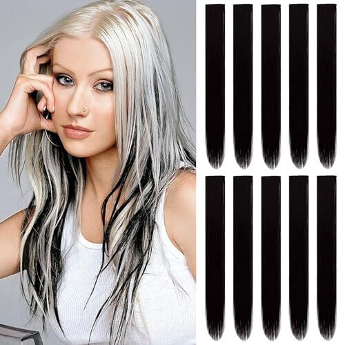 22 inch Colored Hair Extensions, Multi-colors Party Highlights Clip in Black
