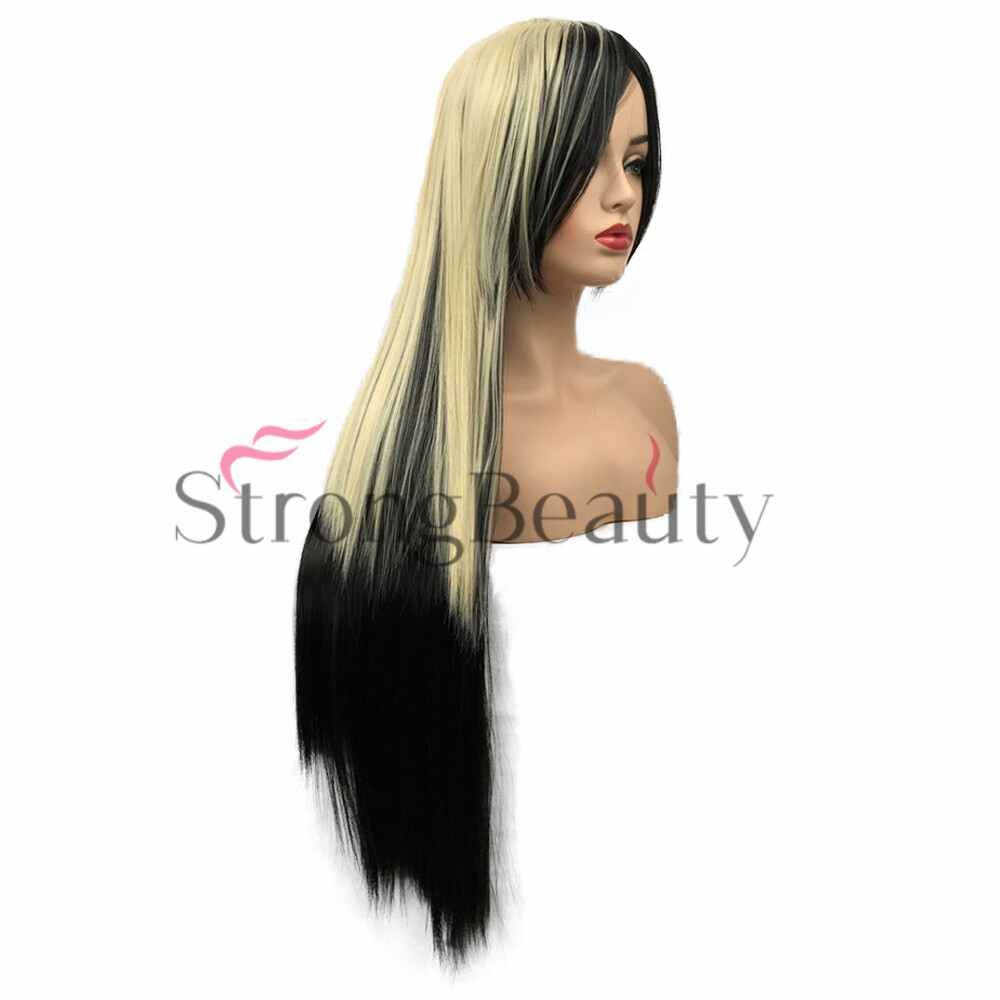 Ombre Black Brown Blonde Gradient Wig Long Straight Wavy Head Ladies Hair