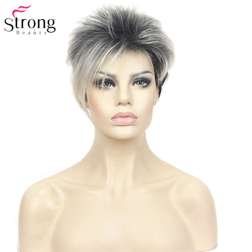 StrongBeauty Short Asymetrical Black Blonde Ombr Synthetic Women’s Wig