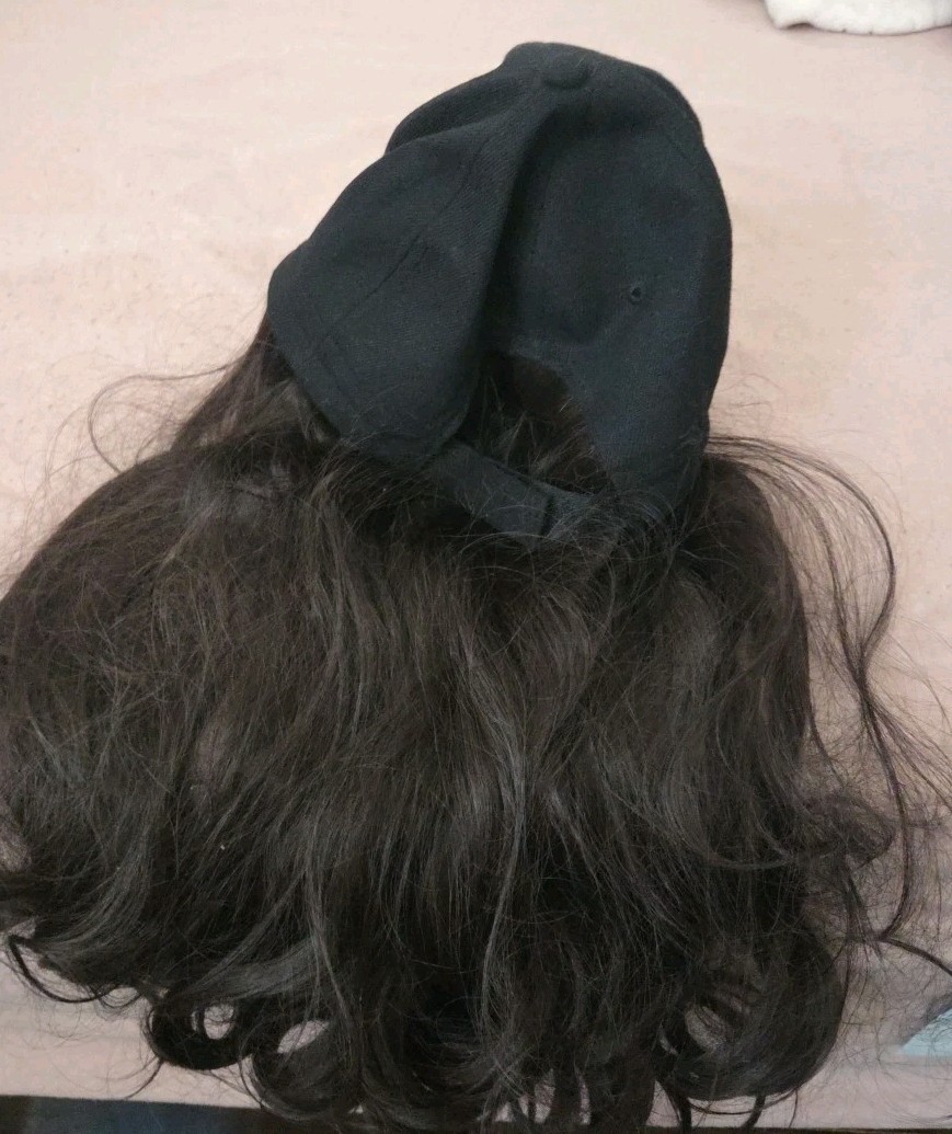 Women Adjustable Baseball Cap Hat Wig Curly Dark Brown Casual Hat 26 Inches