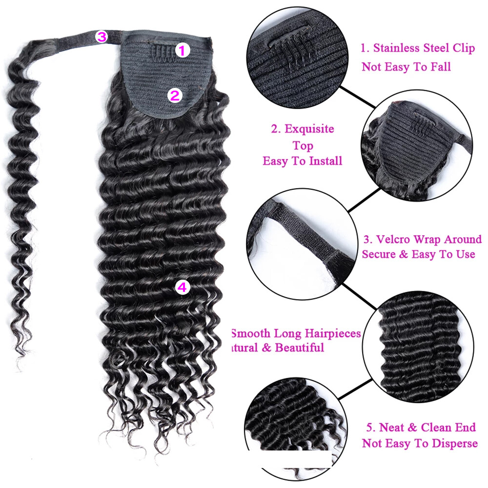 Wrap Around Clip In Ponytail 100 Human Hair Deep Wave Straight