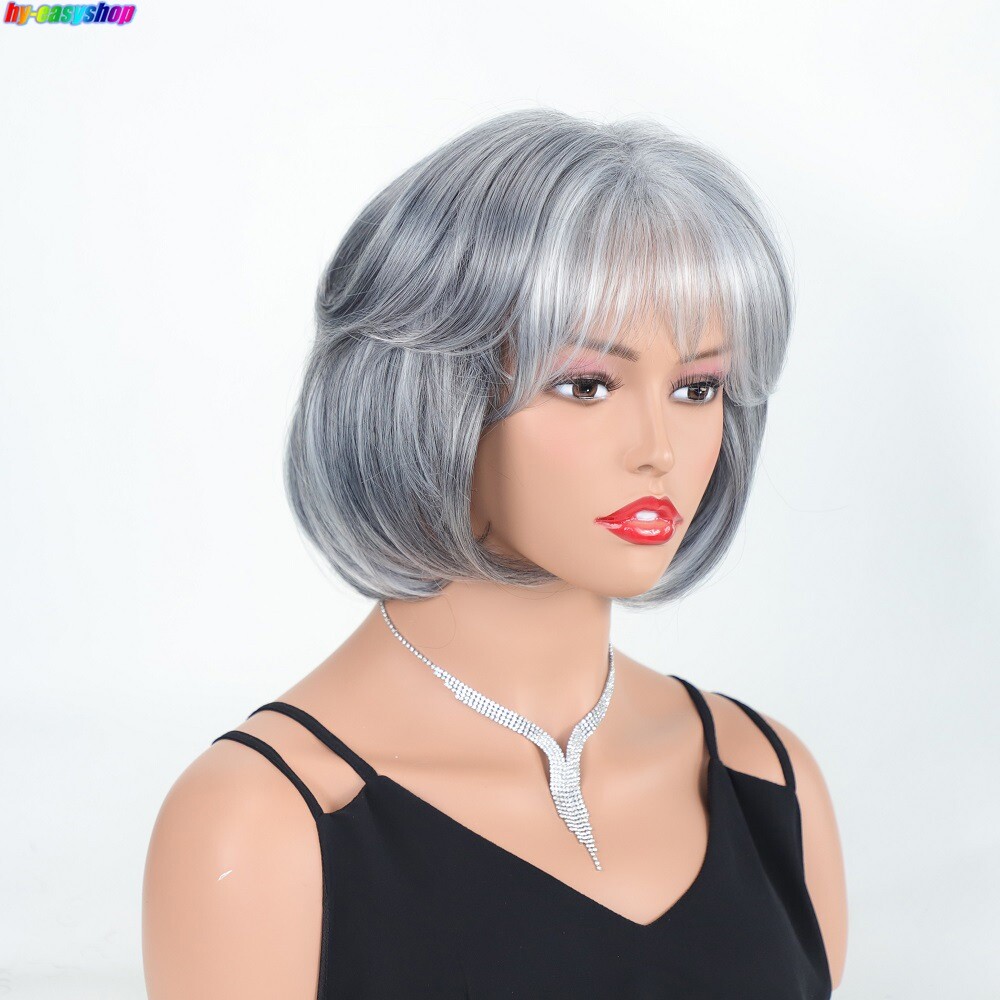Short Straight Gray Wigs For Quinquagenarain Women Synthetic Wigs For Daily Use