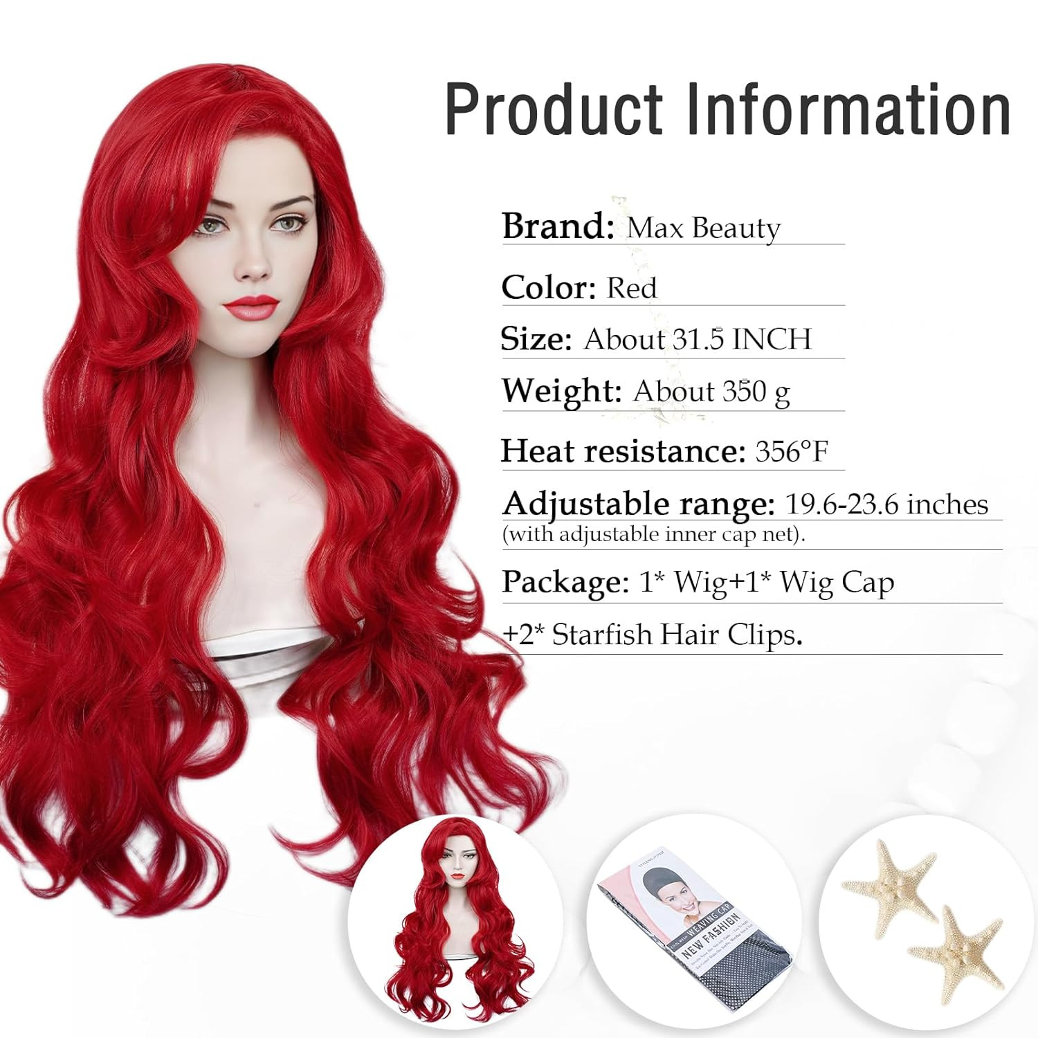 Red Mermaid Wigs for Woman with Starfish Hair Clips, Adult Curly Long Hair Daily