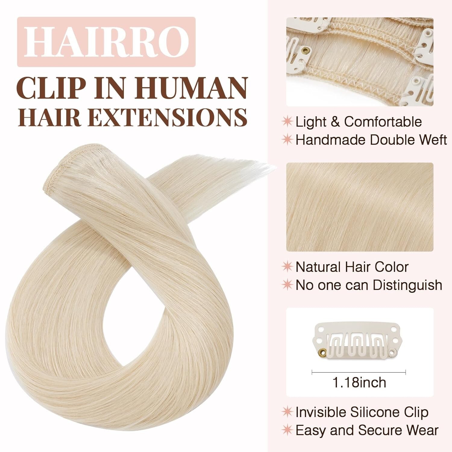 HAIRRO 10IN WHITE BLONDE CLIP IN HUMAN HAIR EXTENSIONS 8PCS 50G #70 STRAIGHT