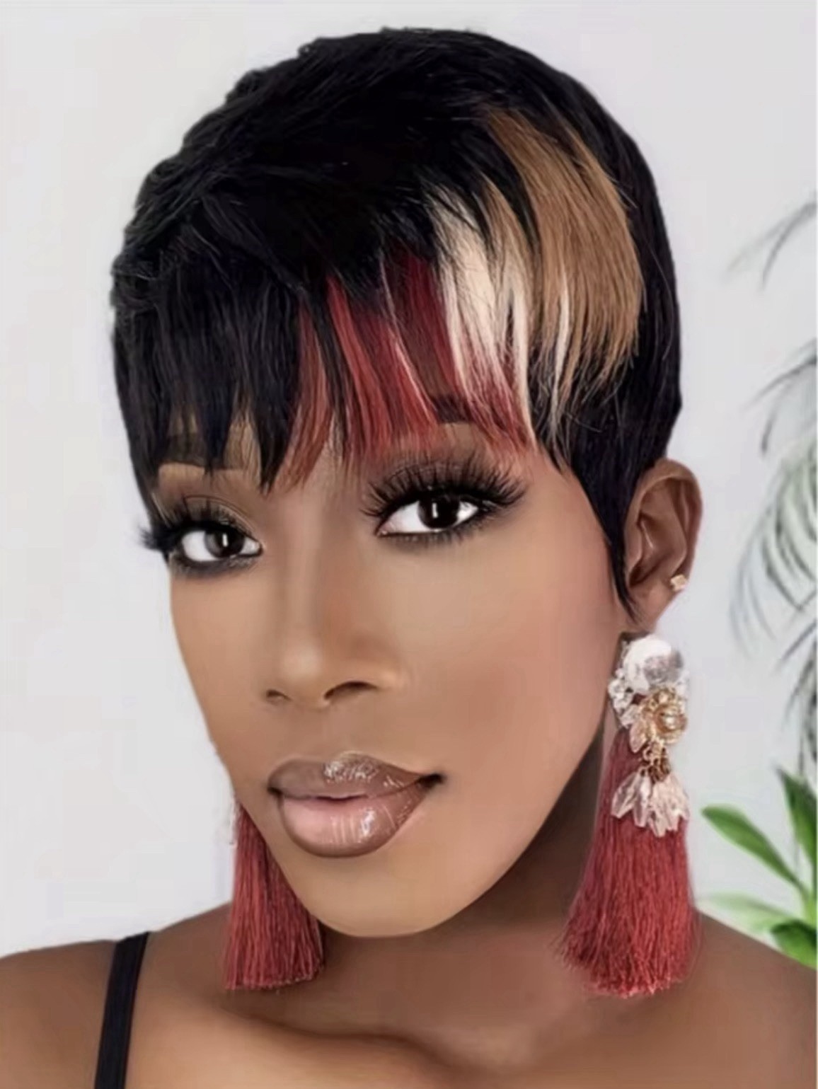 Women Straight Pixie Wig 10in Black With Blonde & Red Highlights Colored
