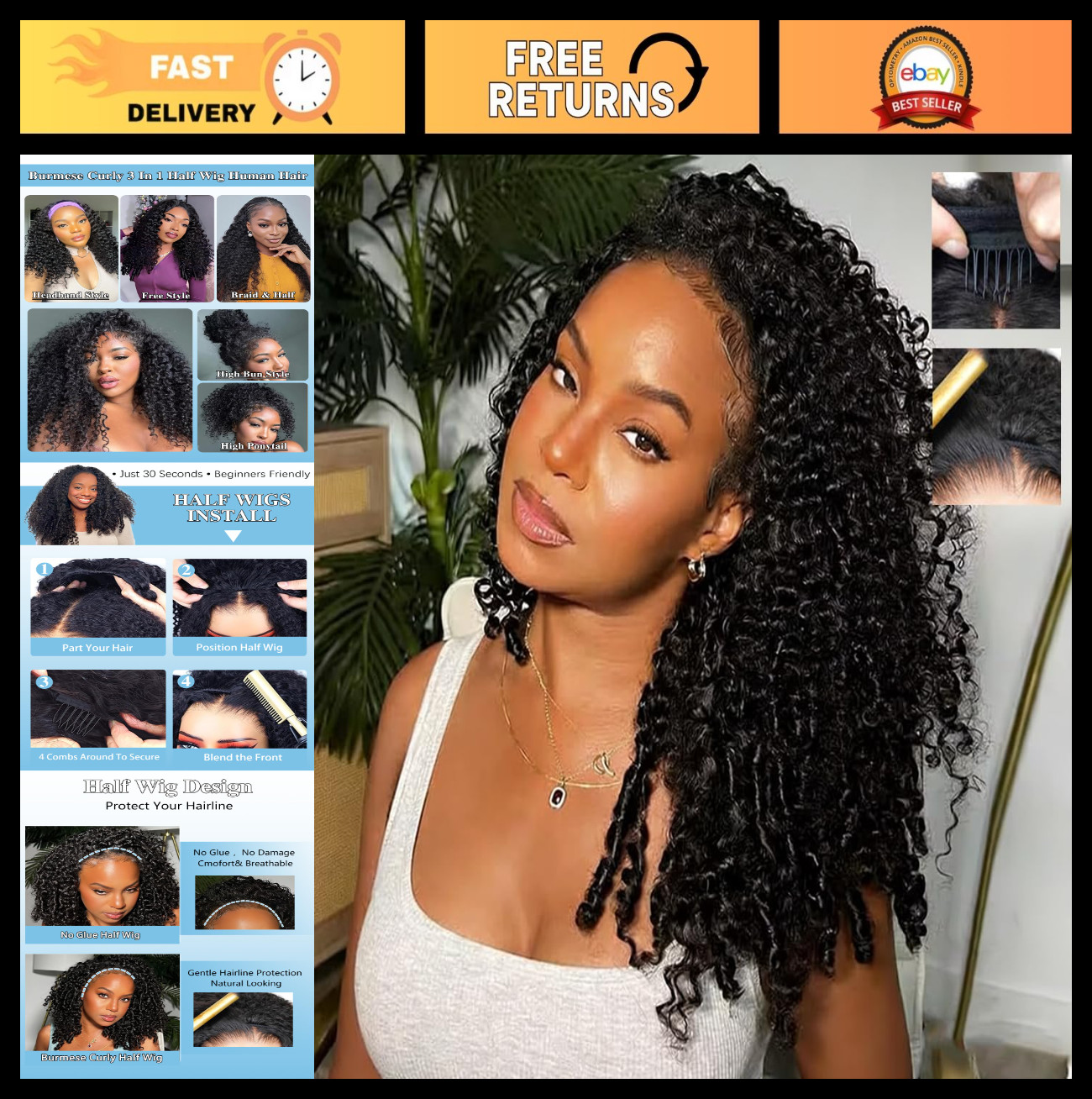 18″ Curly Half Wig Human Hair for Black Women – Glueless Drawstring, 180% Densit