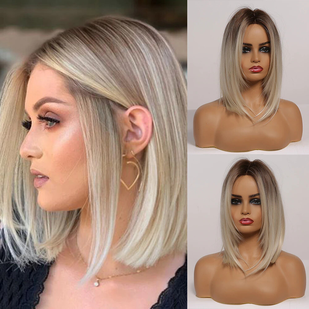 Natural Women Short Bold Straight Highlight Ombre Two tone Blonde Synthetic Wig