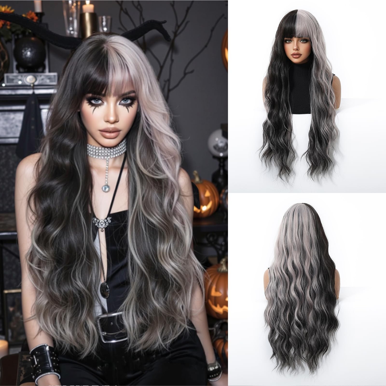 Silver Grey Black Highlighted Wig Long Wavy Wig with Bangs Synthetic Wigs for…