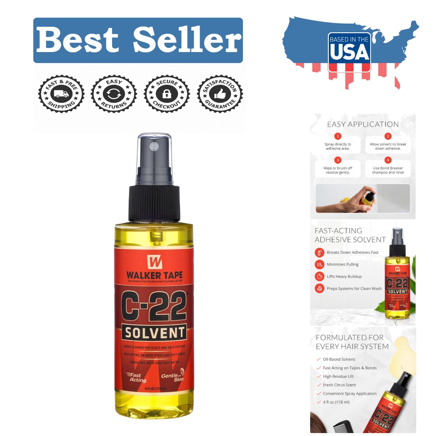 C-22 Solvent Spray 4 Fl Oz for Lace Wigs & Extensions, Gentle Yet Effective