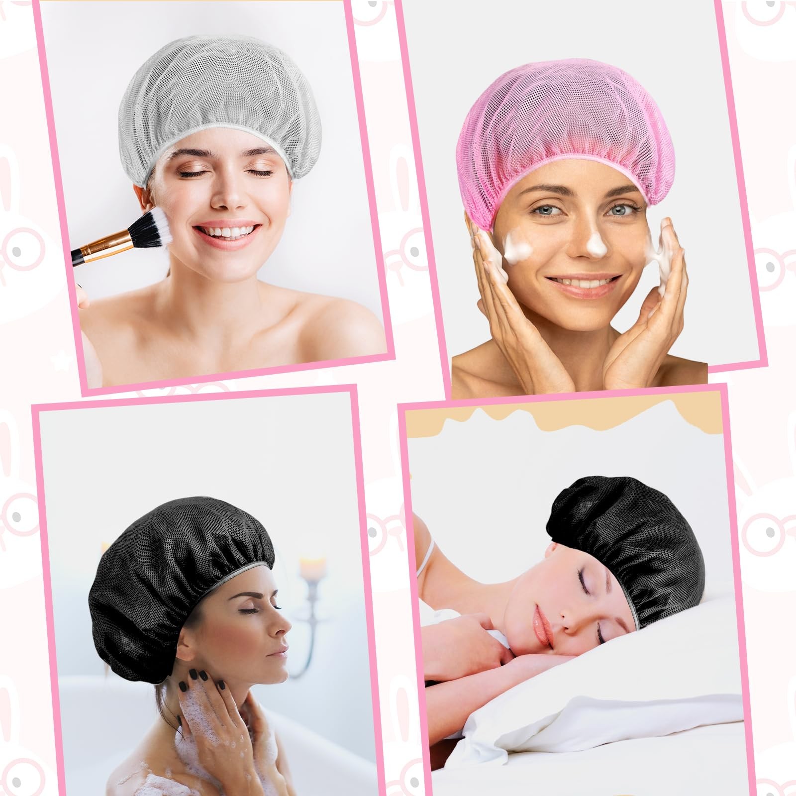 Dimeho 4 Pcs Mesh Sleep Bonnets Night One Size, Black/White/Pink/Blue