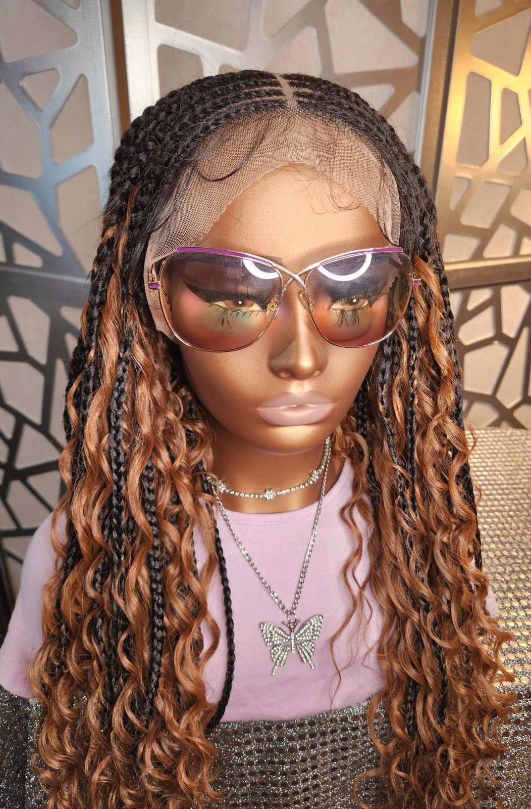 Boho Knotless Box Braids Wig 13×6 Lace Front Ombre Black Auburn Curly Ends