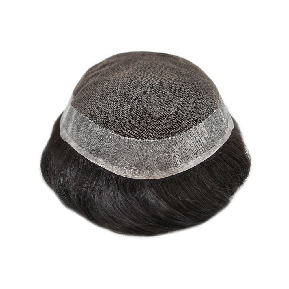 Mens Toupee French Lace Human Hair Replacement System Poly Skin PU Hairpiece Wig