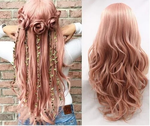 Pink Rose Gold Synthetic Hair Lace Front Wigs Fluffy Natural Wave Heat Resistant