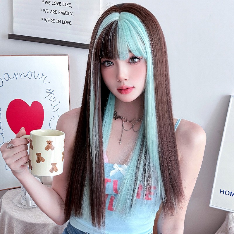 Mint Blue Highlights Long Straight Synthetic Wig Full Head Lace Wig for Women