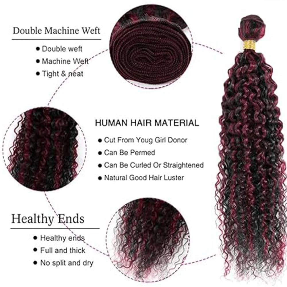 P1B/99J Burgundy Bundles Human Hair 12 14 16 Inch Curly Bundle P1B/99J Highli…